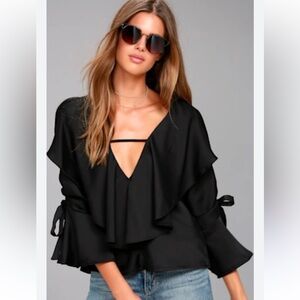 Lulus Black Bell Sleeve Ruffle Top